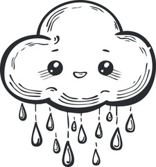 A cute cartoon cloud with a smiling face and rain drops falling from it.