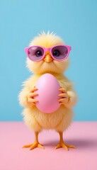 happy easter concept holiday greeting card - Cool cute chick with sunglasses and easter egg, isolated on blue and pink background