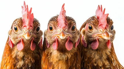 Close-Up Views of Three Colorful Chickens with Red Combs and Wattles