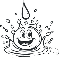 A cheerful cartoon water droplet with a smile creating a splash in water.