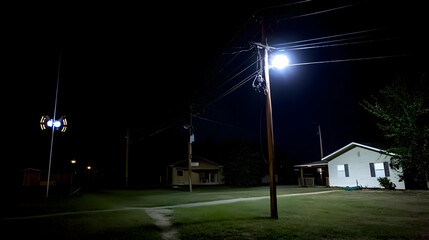 Night scene, suburban street, houses, illuminated pathway, peaceful neighborhood; ideal for real estate, travel, or atmospheric imagery