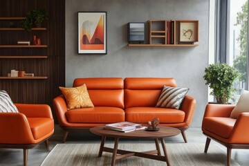 Orange Leather Sofa Living Room Interior.