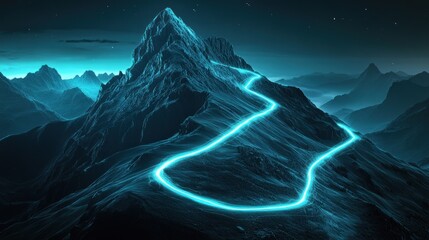 Glowing path winding up night mountain