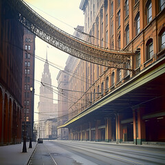 Obraz premium City street scene, early morning mist, elevated walkway, buildings, cityscape, historical photo, urban exploration