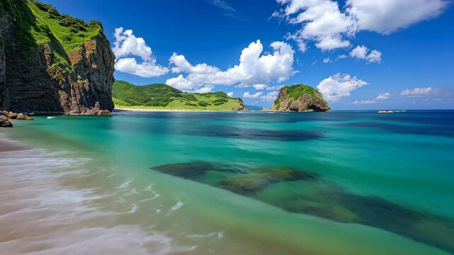 Jodogahama Beach in Miyako, Iwate, Japan a picturesque coastal wonder. Tranquil beauty, Ai Generated.