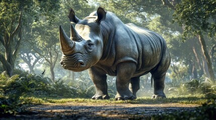 Fototapeta premium Rhino standing jungle path, sunlit trees