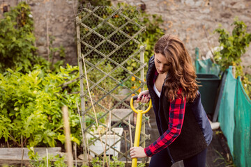Young woman tending raised bed in walled garden plot, gripping yellow garden fork, copy space