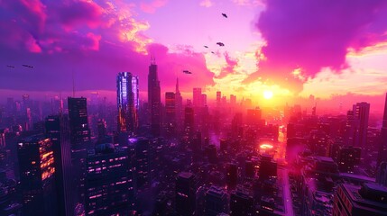 Obraz premium Futuristic Cityscape Sunset Vibrant Pink Purple Neon Skyline Modern Architecture Digital Art Illustration Urban Fantasy Futuristic Cityscape Dramatic 