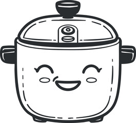 A cheerful cartoon illustration of a smiling cooking pot with a happy face.