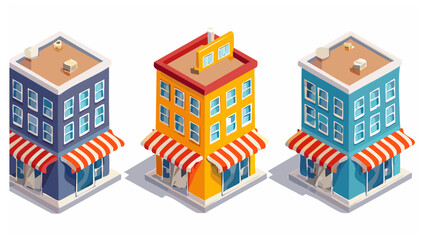 Street Shop Buildings Set � Colorful storefronts, isometric/cartoon styles