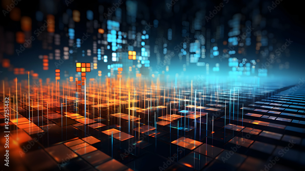 Aufkleber abstract data landscape with glowing blocks and digital information flow