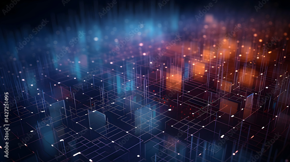 Poster abstract technology grid background with glowing lights and geometric forms
