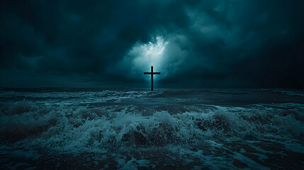 Dark Ocean Scene with Cross Against Stormy Clouds and Waves