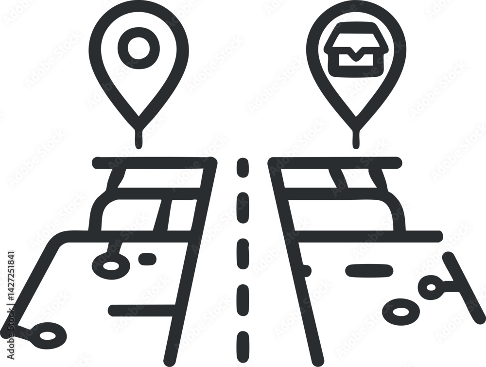 Poster illustration of a navigation route with location pins for delivery and destination points.