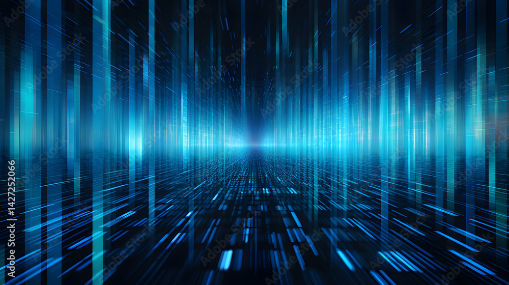 Poster abstract blue technology background with glowing lines and perspective view