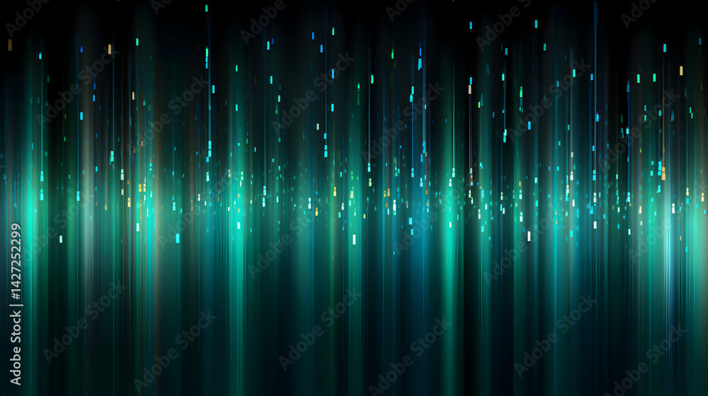 Poster enchanting teal cascade light trails with magical shimmering particles falling down