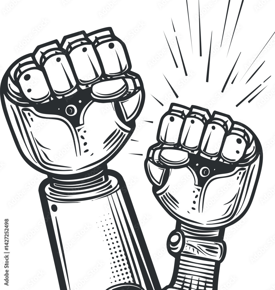 Poster illustration of mechanical fists symbolizing strength and technology with a bold graphic style.