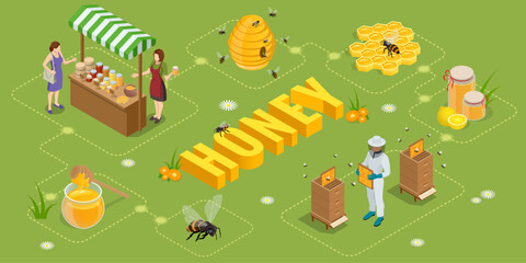 An isometric vector scene with a beekeeper inspecting a hive, honey jars on market stand, bees flying, honeycombs, flowers and the word HONEY in bold 3D letters a full honey production process.