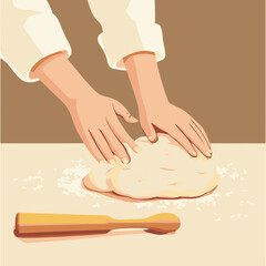 Baker kneads dough on a clean surface in a cozy kitchen setting with modern flat design style