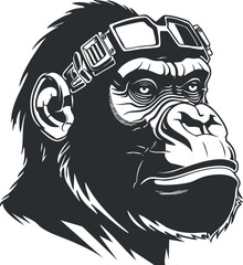 Stylized black and white illustration of a gorilla's head with glasses and fierce expression.