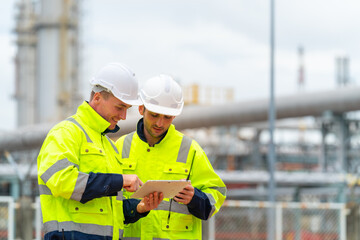 Petrochemical factory industry engineer teamwork meeting discussion at petroleum oil refinery...