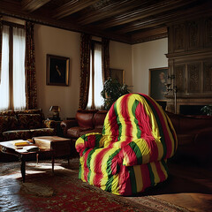 Striped fabric-covered armchair in antique living room, sunlight streaming through windows.  Use Interior design, home decor