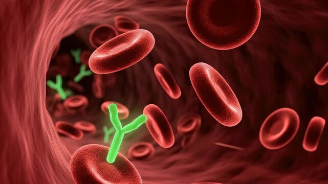 3D illustration of red blood cells in bloodstream with antibodies