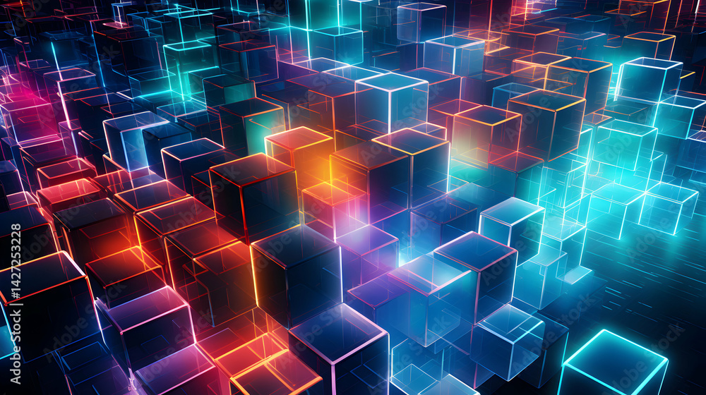 Poster abstract geometric background with glowing neon cubes arranged in a vibrant scene