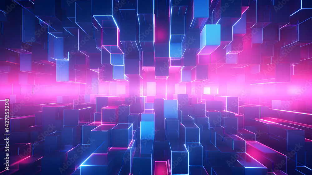 Poster geometric abstraction with illuminated cubes creating a vibrant atmosphere