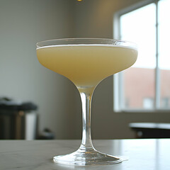 Creamy cocktail in coupe glass, kitchen background, food photography, recipe illustration