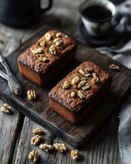 Delicious walnut loaf cakes on a rustic wooden board with a cup of coffee in the background.