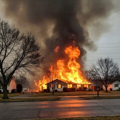 House engulfed in flames with thick black smoke billowing upwards