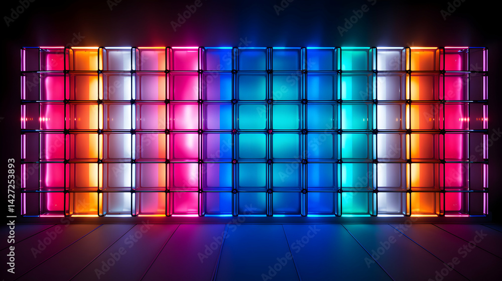 Poster illuminated kaleidoscopic spectrum: a captivating grid of vivid glass cubes display