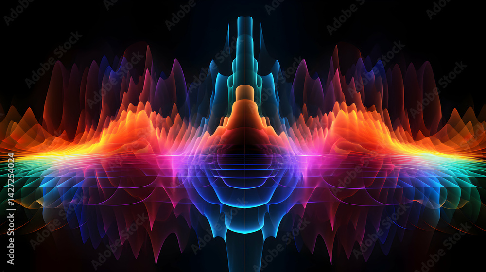 Poster abstract glowing fractal geometry with symmetrical composition on dark backdrop