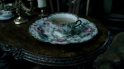 Antique teacup on ornate table, dimly lit room, vintage setting, perfect for blogs or websites