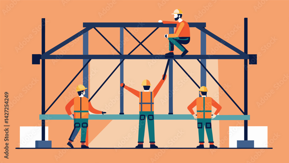 Poster evenly spaced workers are seen clambering around the steel frame finishing up the final touches and 