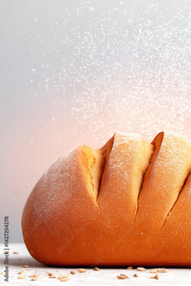 Poster artisan wheat bread loaf rests on clean white surface with flour dusting adding texture. concept of 
