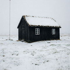 A small, dark wooden church with a moss-covered roof in a snowy landscape