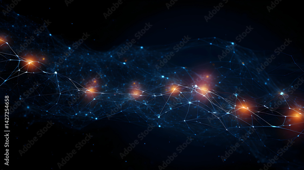 Poster interconnected network illustration with glowing nodes in deep space visualization