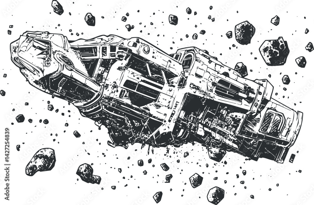 Aufkleber an illustration of a futuristic spaceship drifting through an asteroid field in outer space.