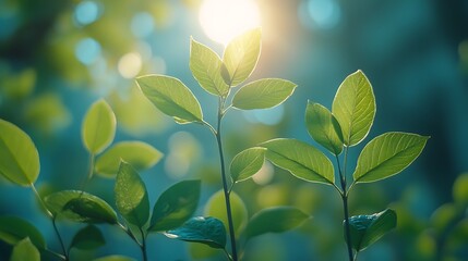 Obraz premium Fresh Green Leaves Illuminated By Sunlight In A Forest Setting Photo