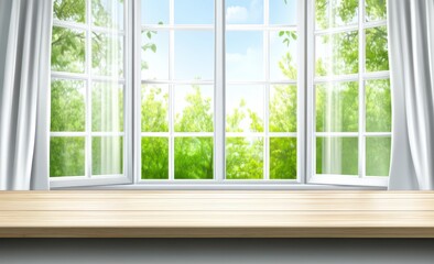 Naklejka premium Wooden shelf with window view