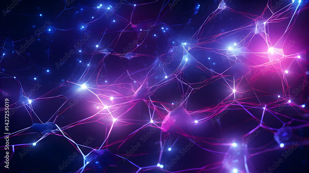 Poster dynamic neural network visualization with interconnected nodes and vibrant colors