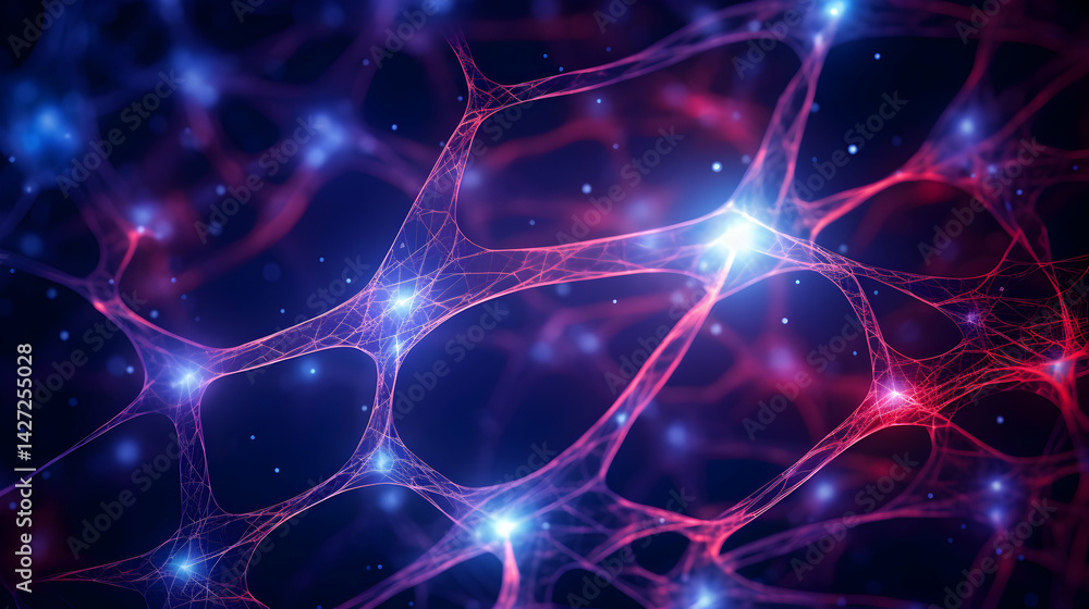 Poster intricate neural network visualization with glowing synapses and vibrant hues