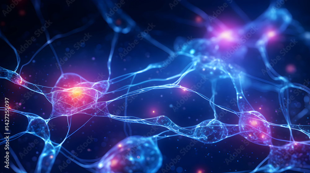 Poster intricate neural network visualization: connected neurons with glowing synapses