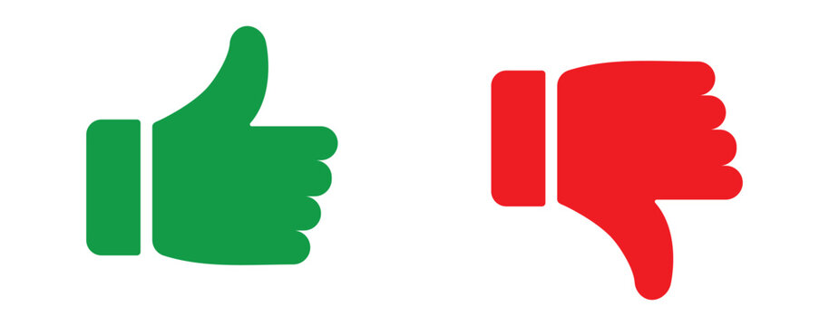 Thumb up and down outline icon isolated on white background. Like and dislike social media icon. Outline positive and negative buttons. Green Thump Up and Red Thump Down or Like and Dislike buttons. 