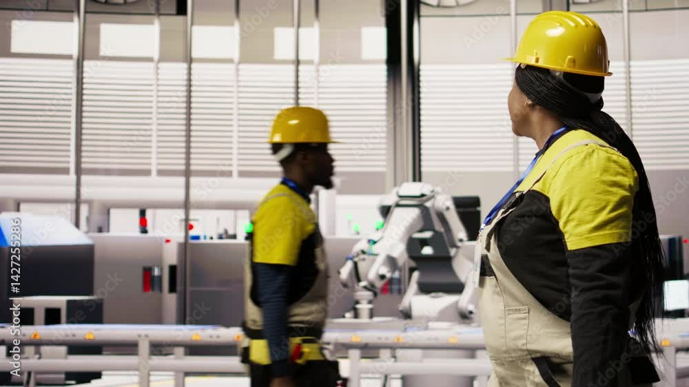 Poster engineer in smart factory overseeing robotic assembly lines, ensuring quality control in manufacturi