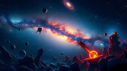 Fototapeta premium Epic Sci-Fi Cosmic Landscape with Galaxy and Planets