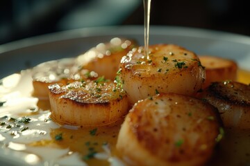 Deliciously seared scallops drizzled with sauce, topped with fresh herbs, perfect for gourmet dining.