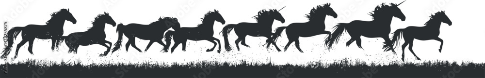 Poster a dynamic silhouette of unicorns running in a row against a white background.